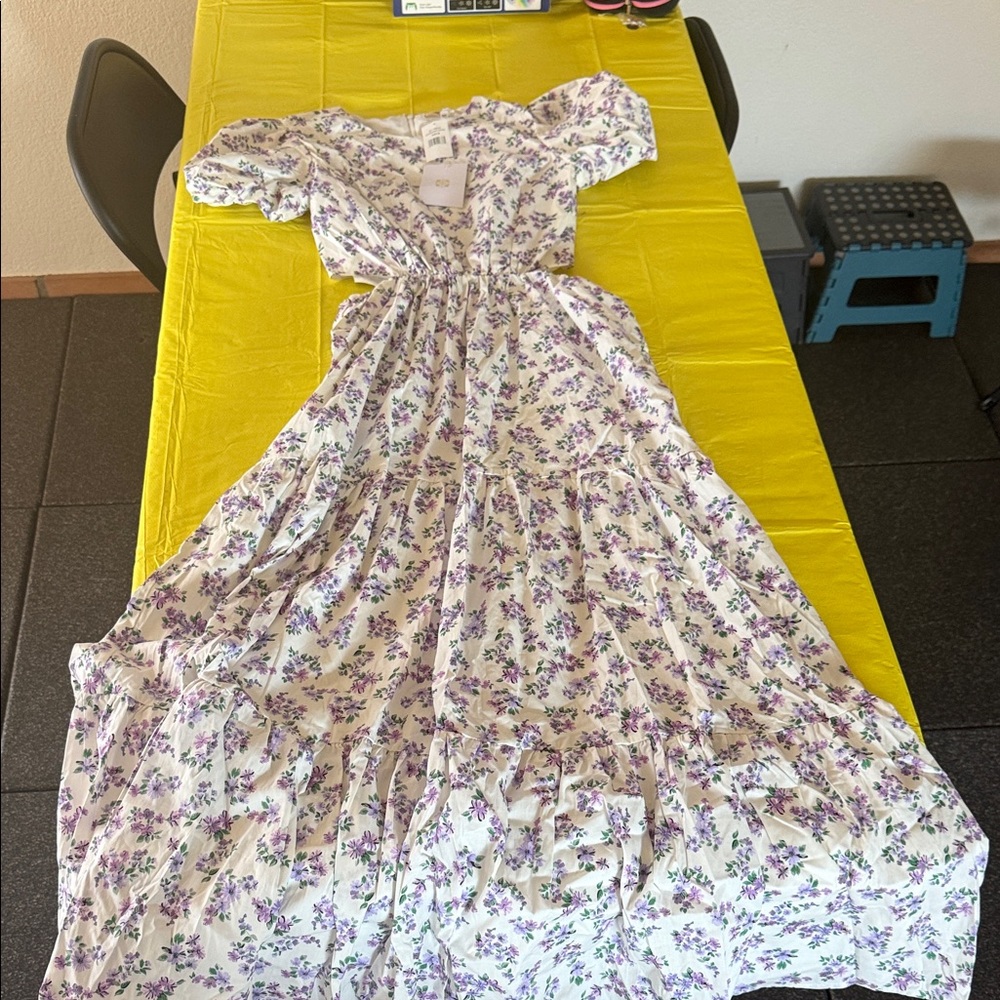 Wayf Cream Maxi Dress with Purple Floral Print